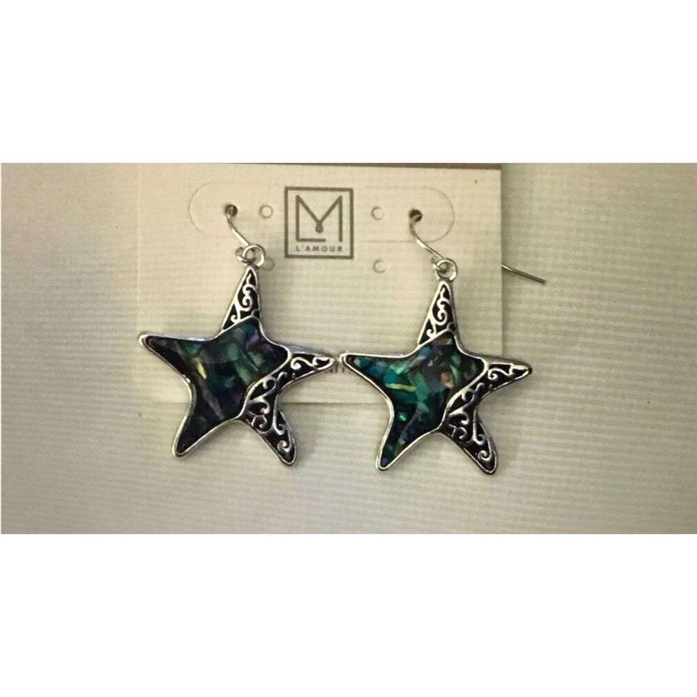 Pretty New Silver & Genuine Abalone Shell Starfish Dangle Earrings
